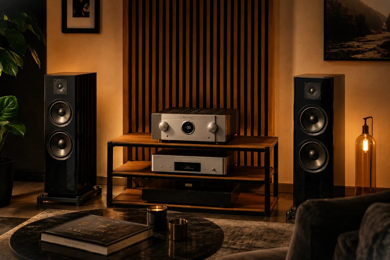 Reference listening setup — floorstanding speakers and amplifier in a warm room